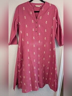 Utsa Linen Cotton Dress M Pink With Cream Flower Embroidery Some Fading